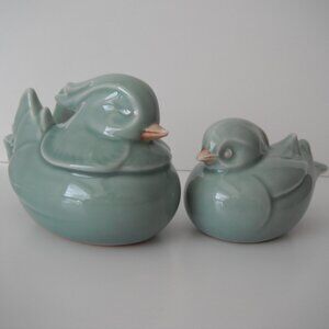 Vintage Duck Love Bird Pair Asian Glazed Celadon Light Green Porcelain Ceramic